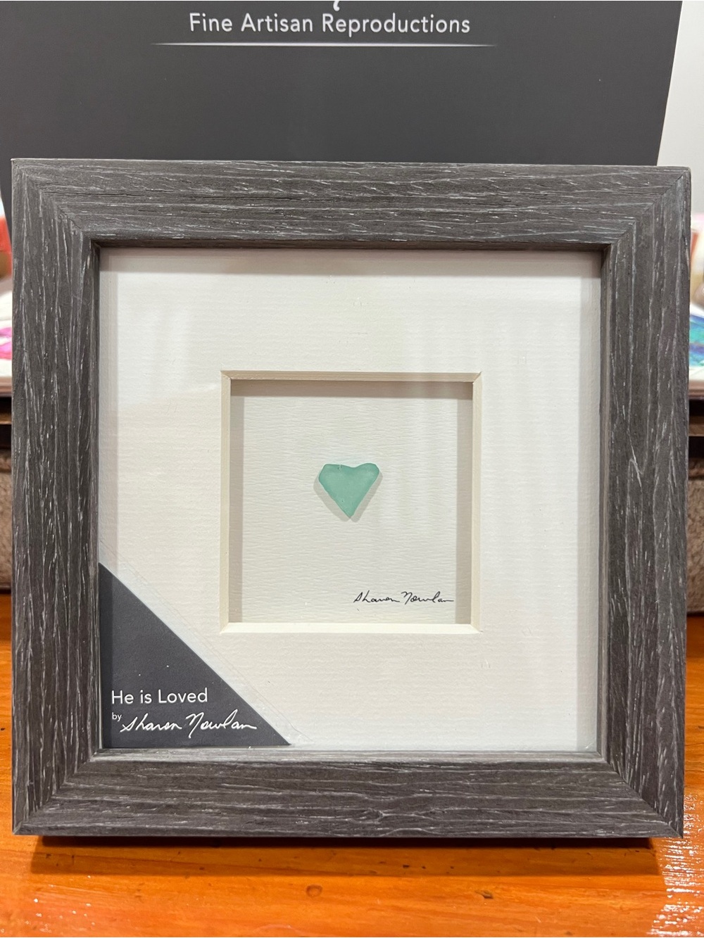 Framed Sea Glass Heart Artwork - Gray Frame, Teal Accent